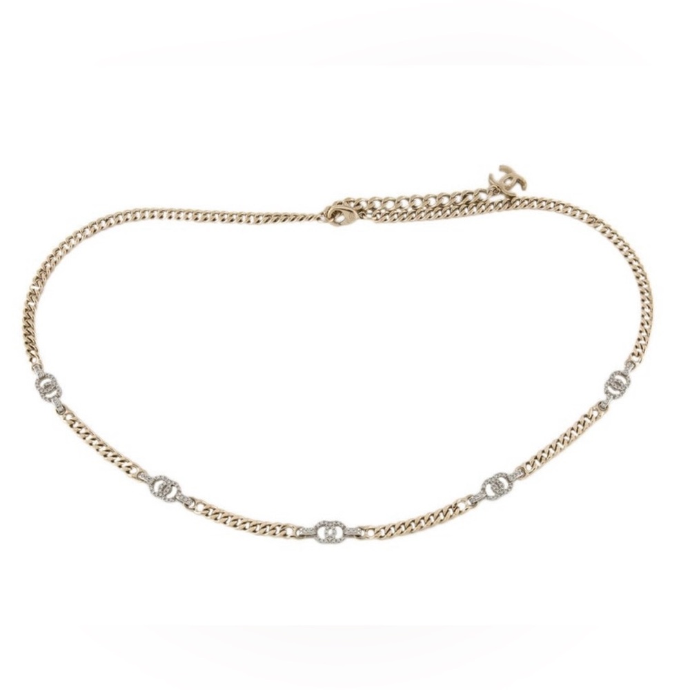 Authentic CHANEL Gold crystal rhinestone CC Chain Belt necklace